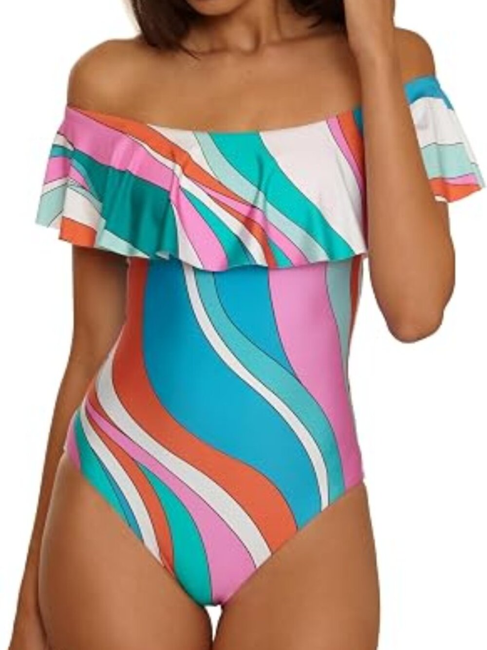 TRINA TURK APOLLO PRINT OFF THE SHOULDER RUFFLE ONE PIECE IN SIZE 6